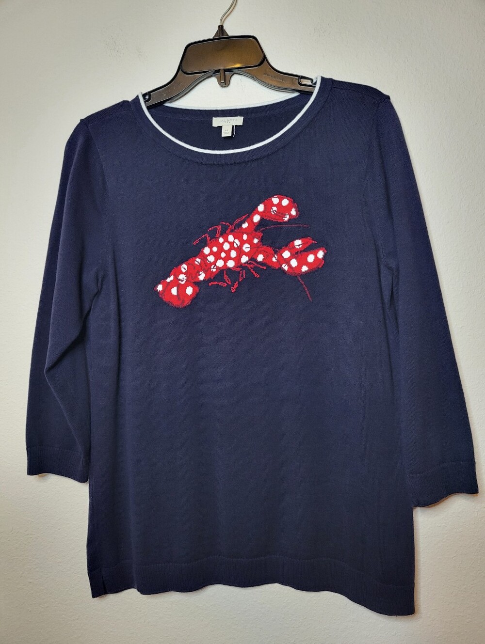 Talbots Navy Blue  Polka Dot Lobster Cotton Sweater 3/4 Sleeve M  Like New
